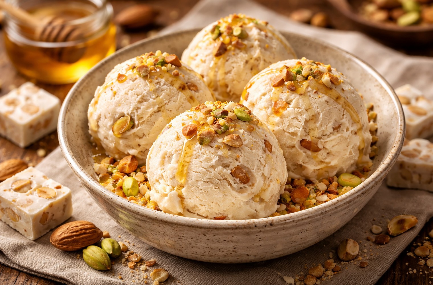 Glace au nougat de Montélimar, boules crémeuses aux amandes